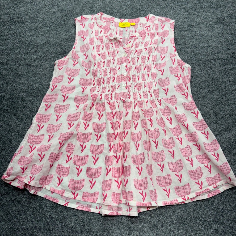 Roller Rabbit Pink Tulip Block Print Pintuck Sleeveless Cotton Blouse Medium